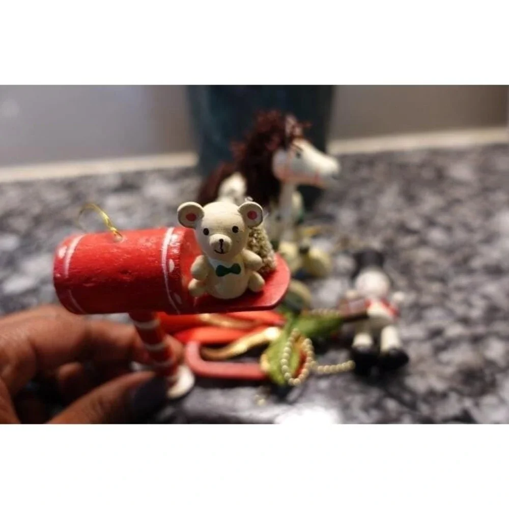 vintage wood Christmas ornaments set of 4 trumpet‎ rocking horse nutcracker mail